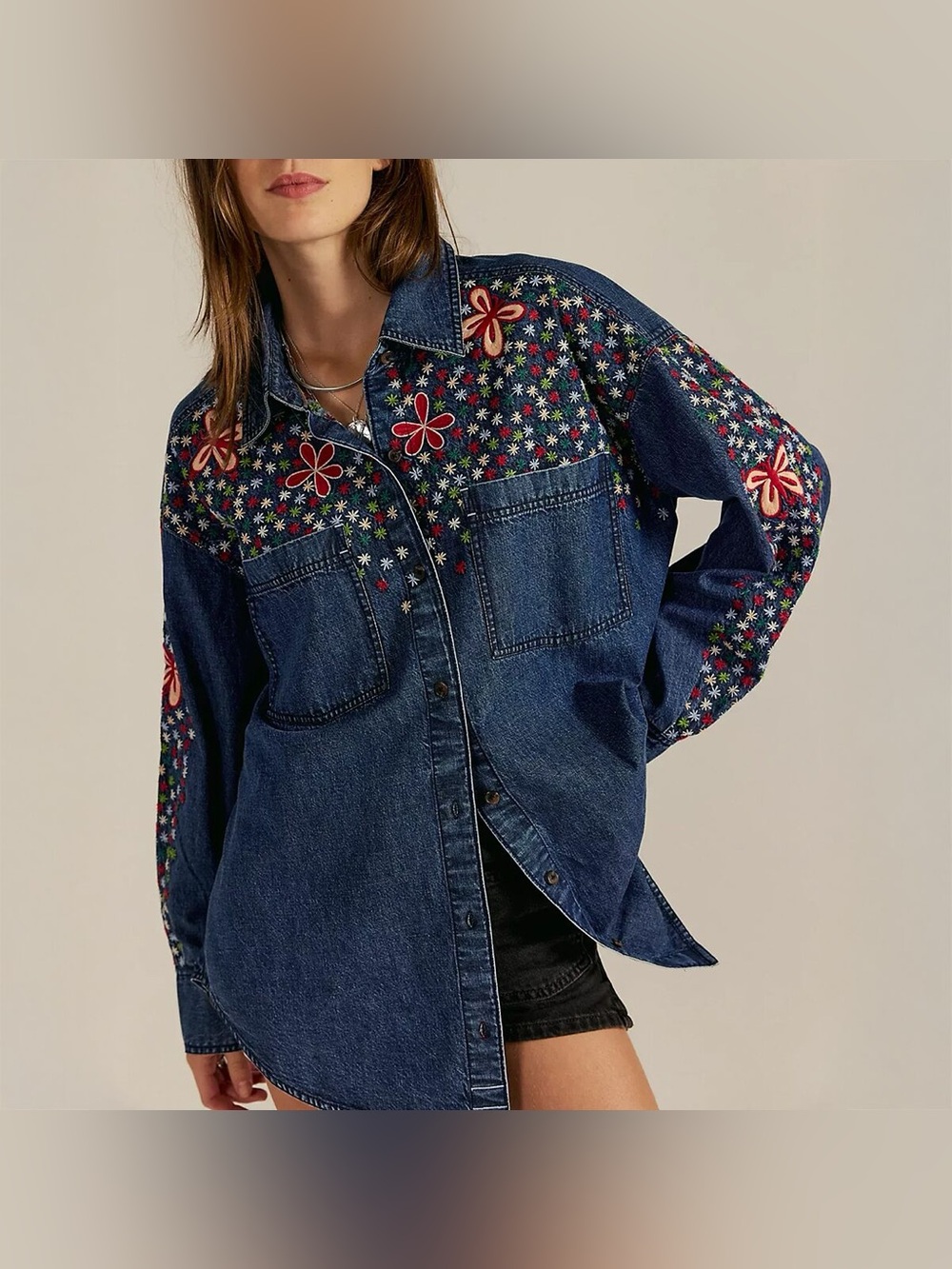 FP Rainbow Embroidered Denim Shirt - Women's